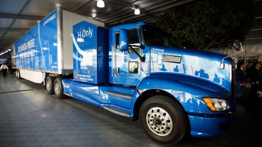 Toyota Motor's hydrogen fuel cell powered semi-truck is displayed at AutoMobility LA ahead of the Los Angeles Auto Show