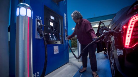 A customer fills a car with hydrogen at a TrueZero fueling station in Mill Valley, California. The state is spending more than $2.5 billion in clean energy funds to accelerate sales of hydrogen and battery vehicles. That includes $900 million earmarked to complete 200 hydrogen stations and 250,000 charging stations by 2025.